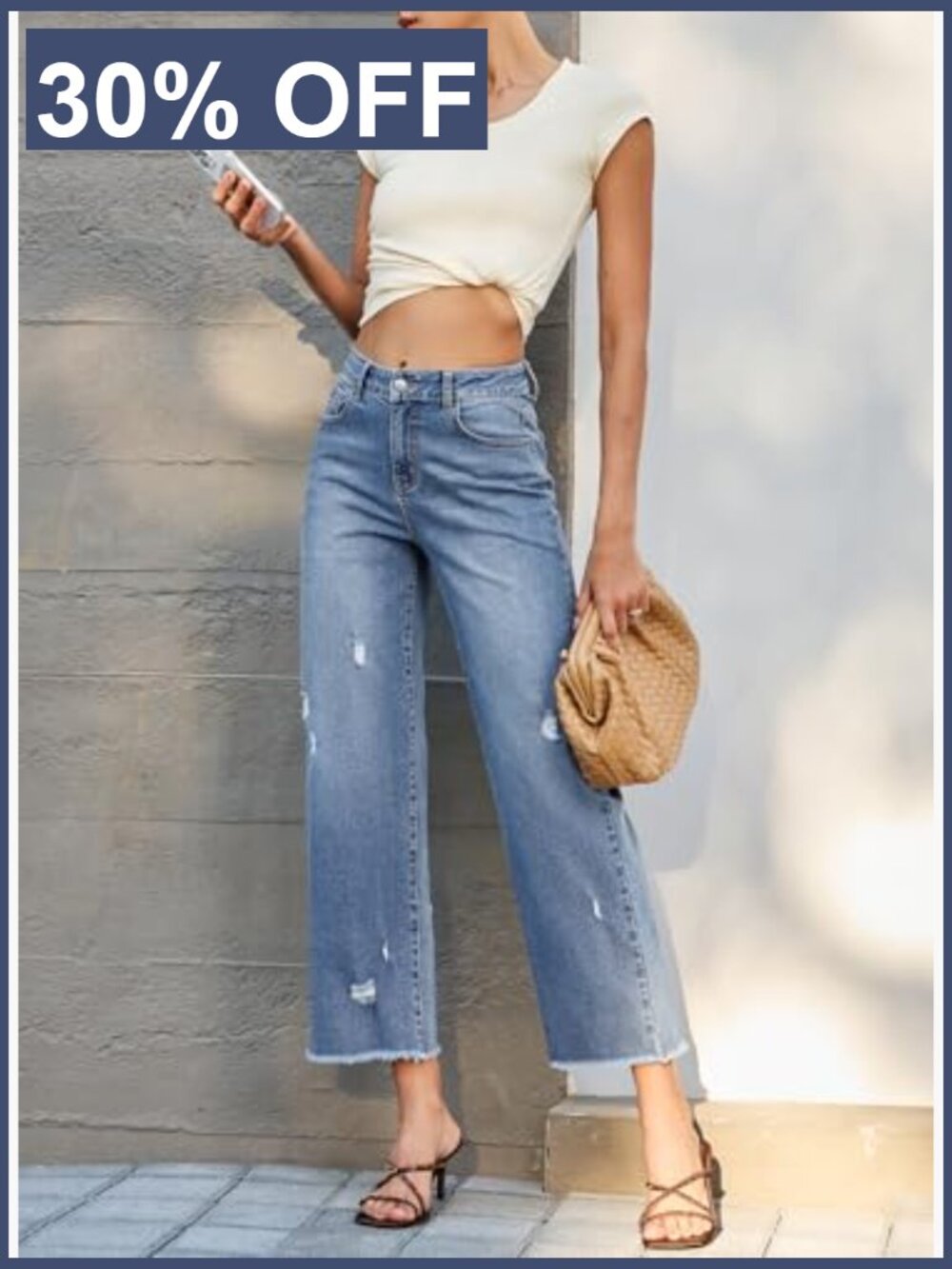 Wide Leg Straight Ankle Jeans Distressed Frayed Raw Hem Denim Pants with - Picture 5 of 7
